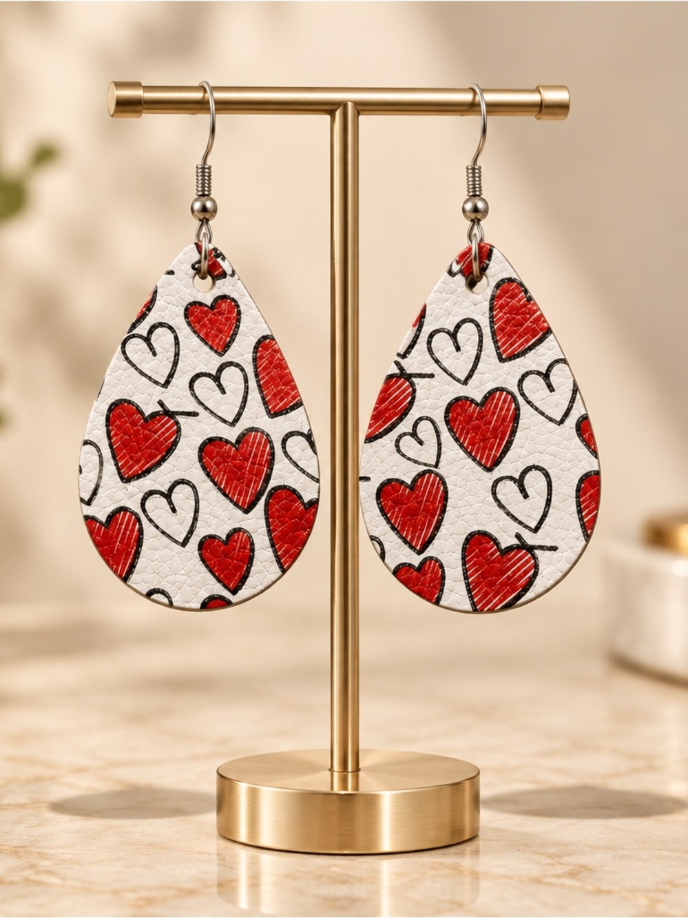 faux Leather Teardrop Heart Dangle Earrings - White and Red